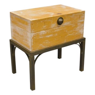 Vintage Small Campaign Style Trunk Chest on Brass Base Accent Side Table For Sale