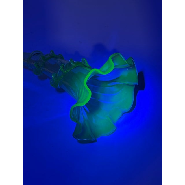 Antique Victorian Epergne Light Green Vaseline Glass Ruffle Ca 1880 Art Glass Vase Glows For Sale - Image 9 of 11