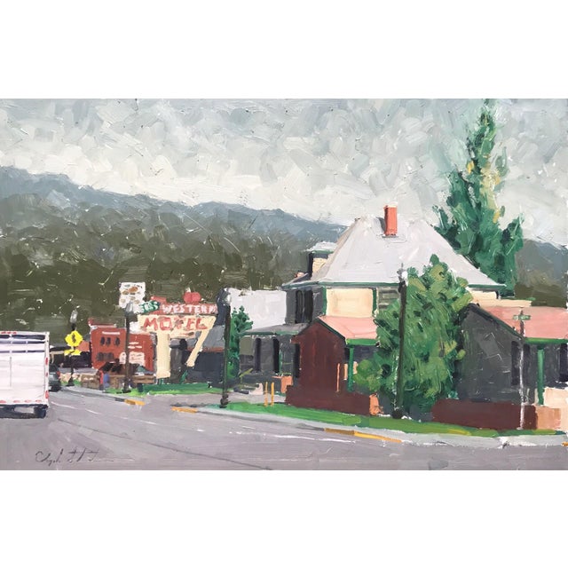 Western Motel by Clyde Steadman | Oil on panel Painting of a roadside motel and houses. For Sale