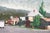 Western Motel by Clyde Steadman | Oil on panel Painting of a roadside motel and houses. For Sale