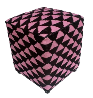 Shabby Chic Black/Pink Kilim Upholstered Handmade Ottoman