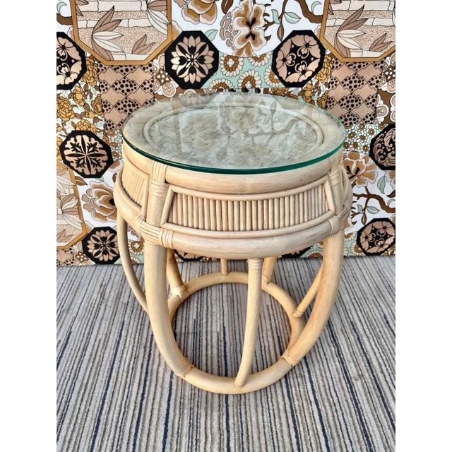 1980s Vintage Coastal Style Rattan Drum Shape Accent Table With Glass Top. For Sale - Image 5 of 13