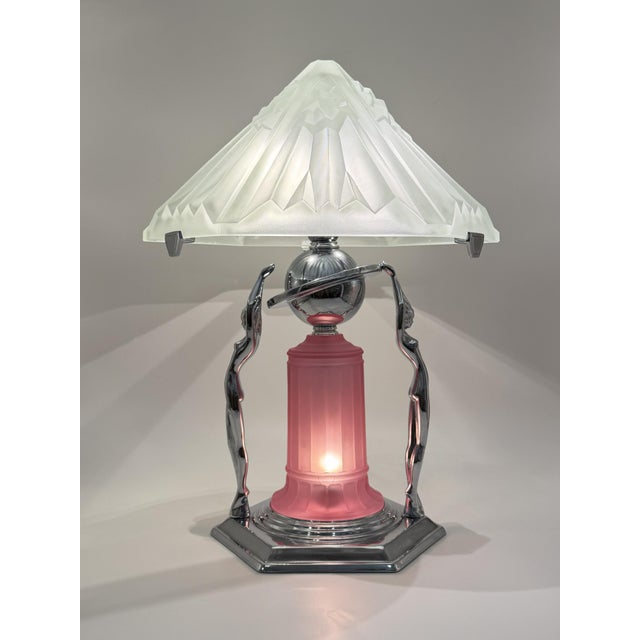 1980s Art Deco Frankart Style Chrome Table Lamp Pink Vianne Frosted Glass Nude Lady For Sale - Image 9 of 18