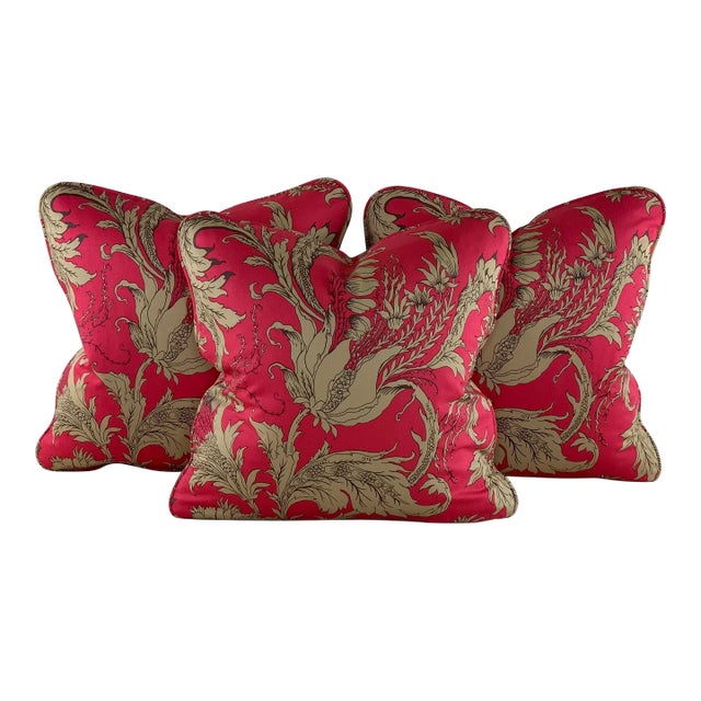 Designer Vicki Payne Free Spirit Crewel Brown Pink Taupe Block Print Botanical Floral Leaf Tulip Pillow Covers- 3 Pieces For Sale