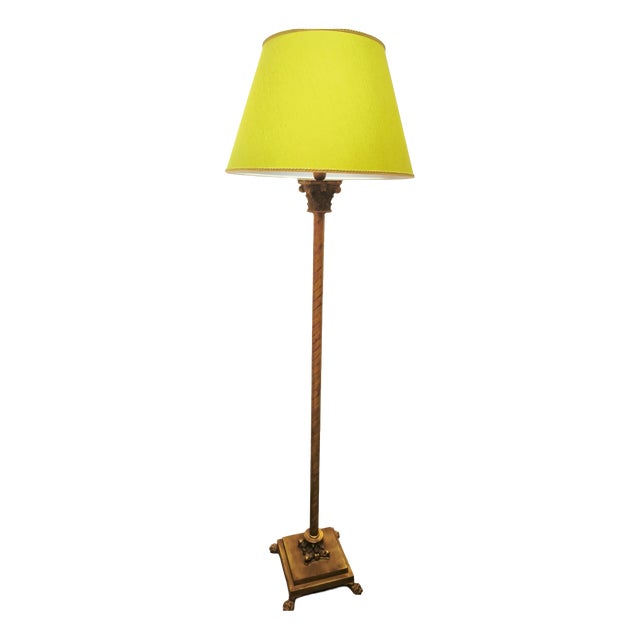 Floor Lamp with Brass Capitals and Fabric Lampshade, 1980s For Sale