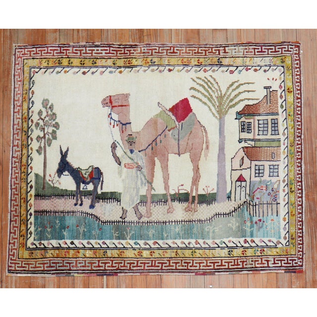 Folk Art Vintage Zabihi Collection Anatolian Pictorial Camel Donkey Scatter Size Rug - 3'2" x 3'11" For Sale - Image 3 of 5