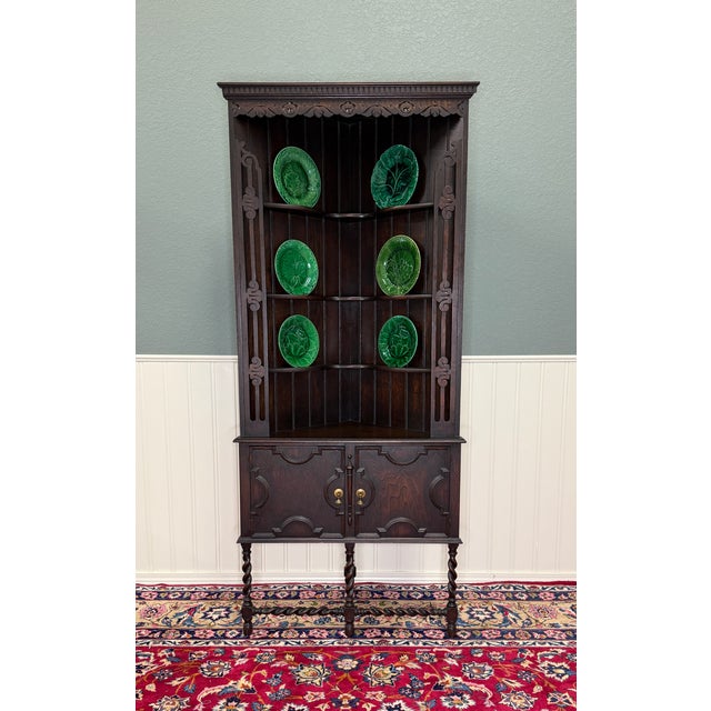 Antique English Jacobean Corner Cabinet Barley Twist Legs Oak Key Tall 1920s For Sale In Dallas - Image 6 of 18