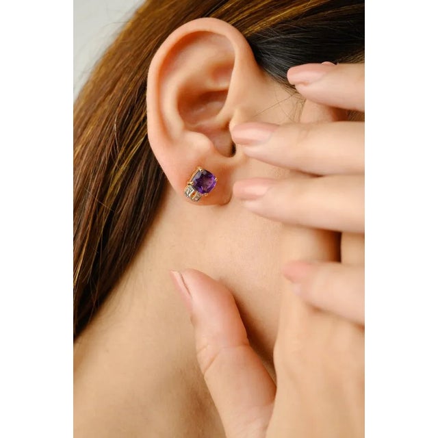 Cushion Cut Amethyst and Diamond Stud Earrings in 14k Yellow Gold - 2 Pieces For Sale - Image 4 of 6