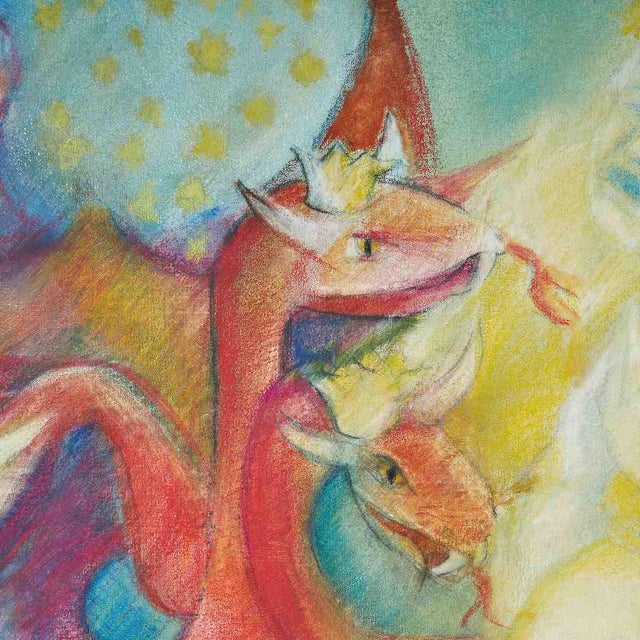 Pastels on canvas, vibrant fresco featuring dragons and mythological figures, vintage.