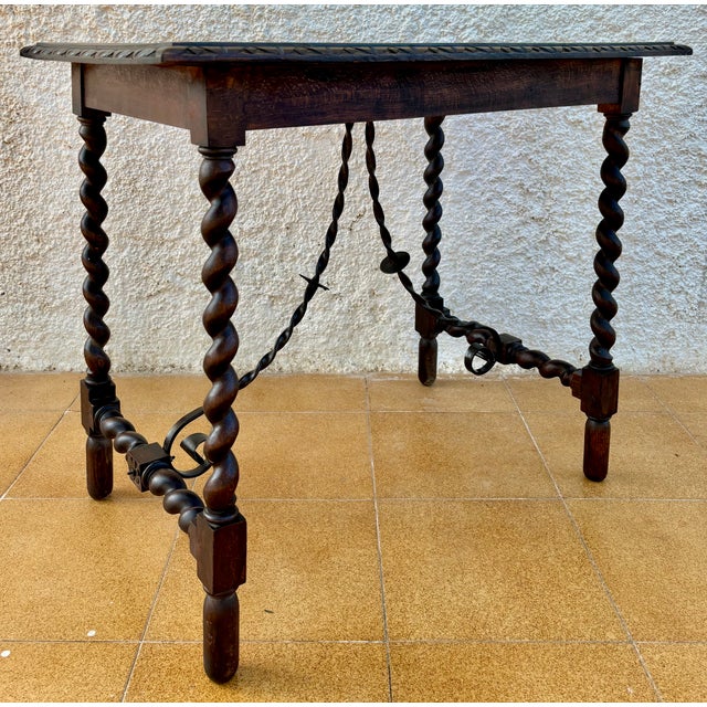 Spanish Barley Twist Side Table With Wrought Iron Stretchers, 1920s For Sale - Image 4 of 11