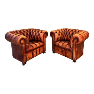 1990s Vintage English Leather Chesterfield Club Chairs - a Pair For Sale