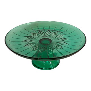 Mid 20th Century Canfield Emerald Green Glass Cake Platter by Anchor Hocking For Sale