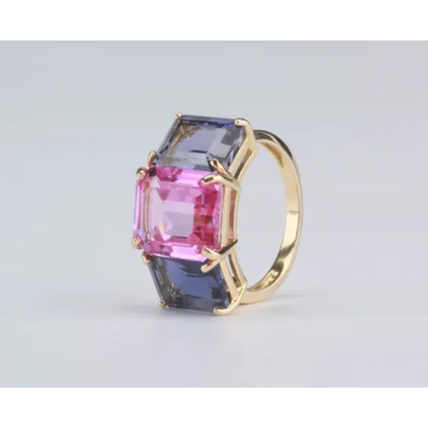 Christina Addison 18kt White Gold Three Stone Emerald Cut Ring With Blue Topaz and Iolite For Sale - Image 10 of 12