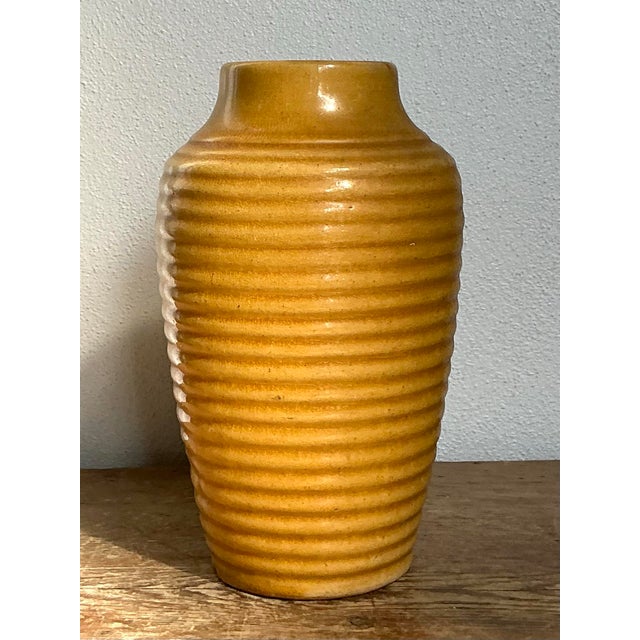 Mustard Vintage Boho Glazed Ceramic Ribbed Vase For Sale - Image 8 of 10