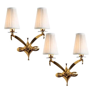 Gold and Brass Wall Sconces from Leleu, 1960s, Set of 2 For Sale