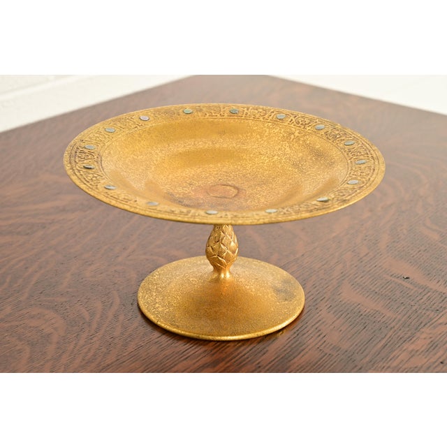 Tiffany Studios Tiffany Studios New York Bronze Doré Pedestal Bowl or Compote Dish With Abalone Inlay For Sale - Image 4 of 14