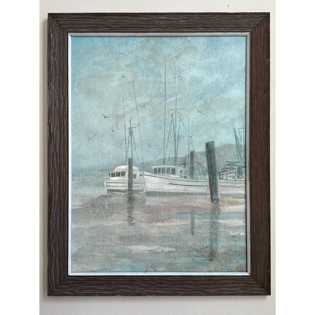 Offering a beautiful mid- to late-20th century impressionist harbor scene depictig fishing boats in dock on an overcast...