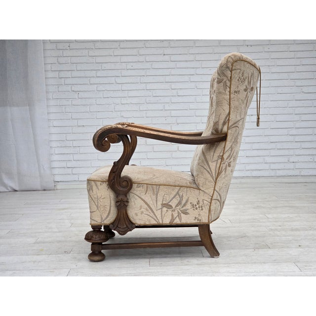 Vintage Danish Lounge Chair in Furniture Fabric and Carved Oak, 1950s For Sale - Image 17 of 18