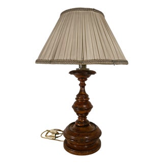Antique 19th Century Turned Wood Table Lamp with Pleated Lampshade, 1950s For Sale