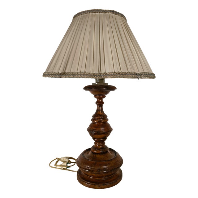 Antique 19th Century Turned Wood Table Lamp with Pleated Lampshade, 1950s For Sale