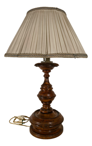 Antique 19th Century Turned Wood Table Lamp with Pleated Lampshade, 1950s