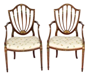 Antique George III Polychrome Decorated Open Armchairs, Set of 2