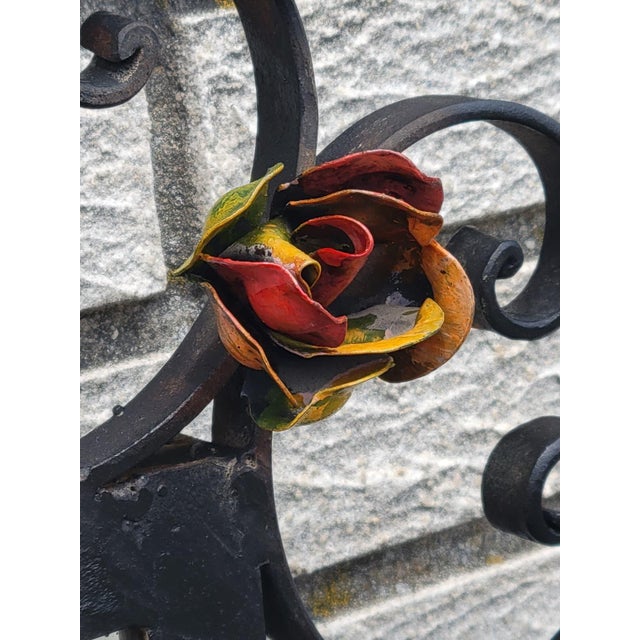 Vintage 1930s American Handmade Wrought Iron Wall Mirror Hand Painted Floral Dec For Sale - Image 13 of 18