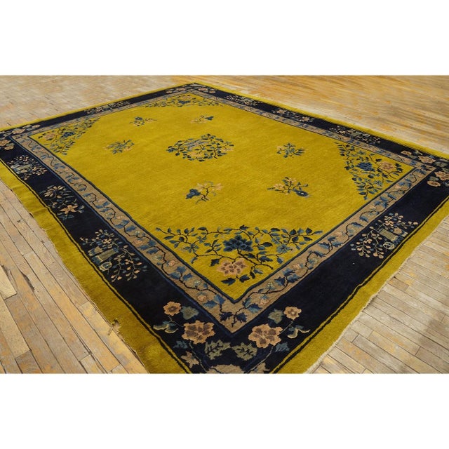 1920s Antique Gold Background Floral Art Deco Knotted Wool Chinese Peking Rug For Sale - Image 11 of 12