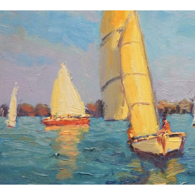 Original oil painting by Sean Wu, The sailboats are sailing on the sea.