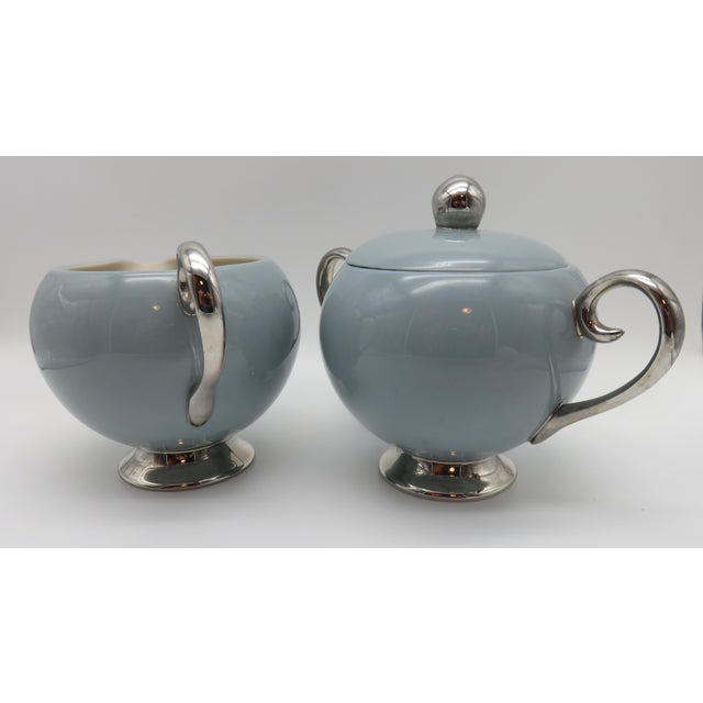 Mid 20th Century Vintage Flintridge China California Blue W Platinum Borders Lidded Sugar Bowl & Creamer For Sale - Image 5 of 8