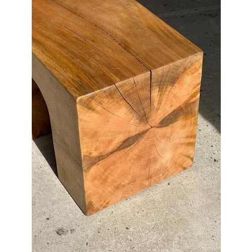 Natural Wood Color Bench in Solid Monoxyl Wood with Carved 3 Arch Base For Sale - Image 16 of 18