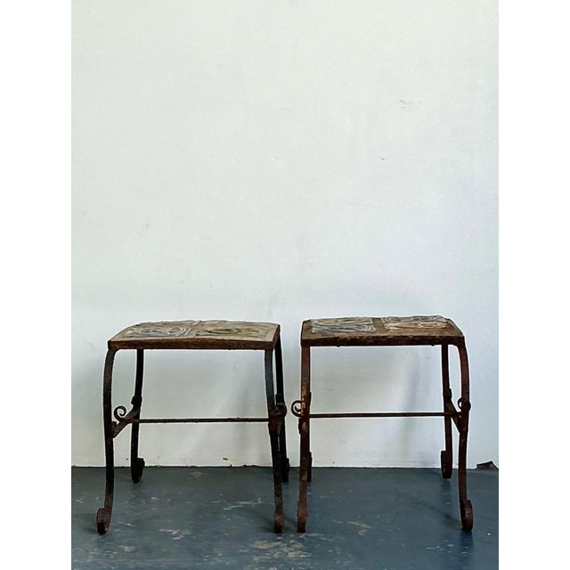 Cerulean Vintage Italian Distressed Wrought Iron and Ceramic Tile Tables For Sale - Image 8 of 18