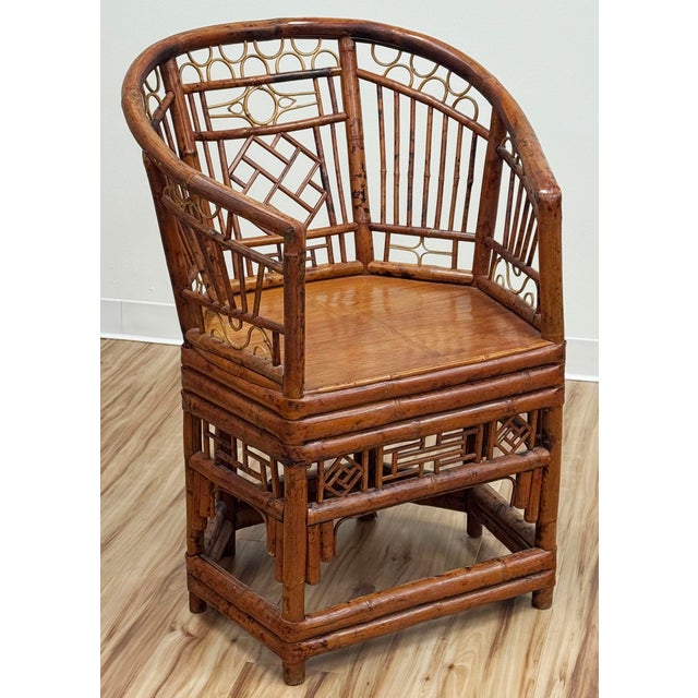 Mid 20th Century Vintage Chinoiserie Brighton Pavilion Style Rattan Horseshoe Chair For Sale - Image 5 of 11