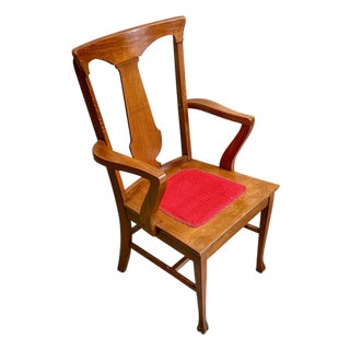 Antique Tiger Oak Arm Chair-Arts Crafts Mission-Red Seat-C1900-Wood-Desk-Accent For Sale