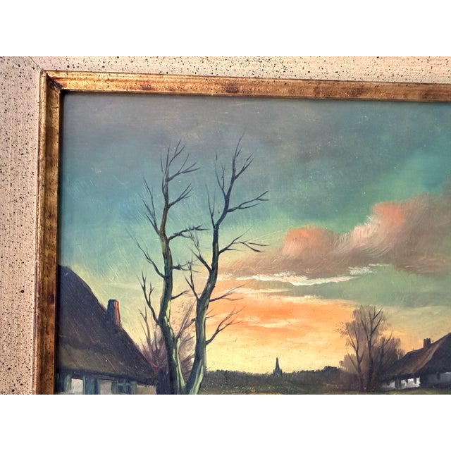 Vintage Signed European Countryside Sunset Landscape Oil Painting in Wood Frame For Sale - Image 10 of 15