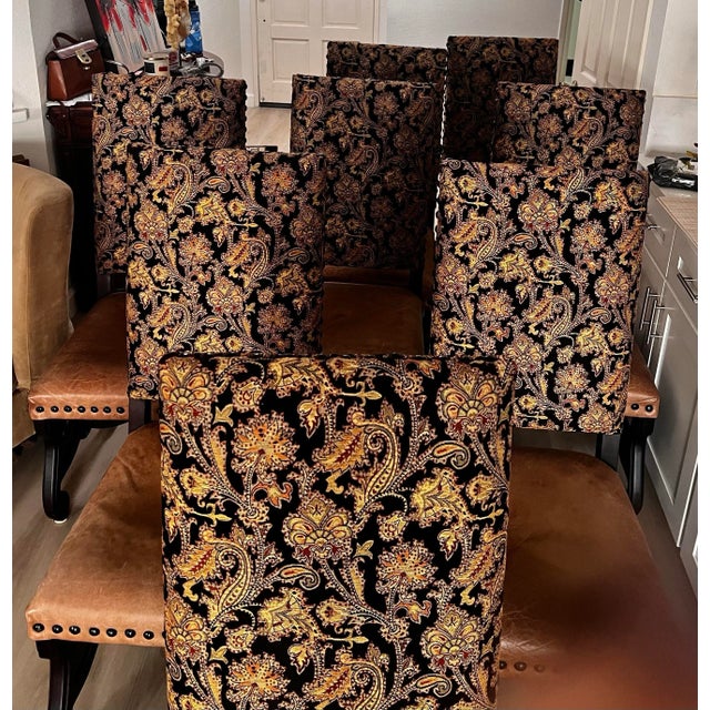 Wood Set of 8 Dining Chairs – Leather Seats, Tapestry Backs, Nailhead Detail For Sale - Image 7 of 12