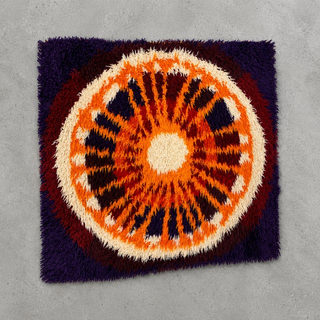 Mid Century Modern Scandinavian Square Small Rya Rug / Carpet. Lovely bright colors of cream, orange and browns. This...