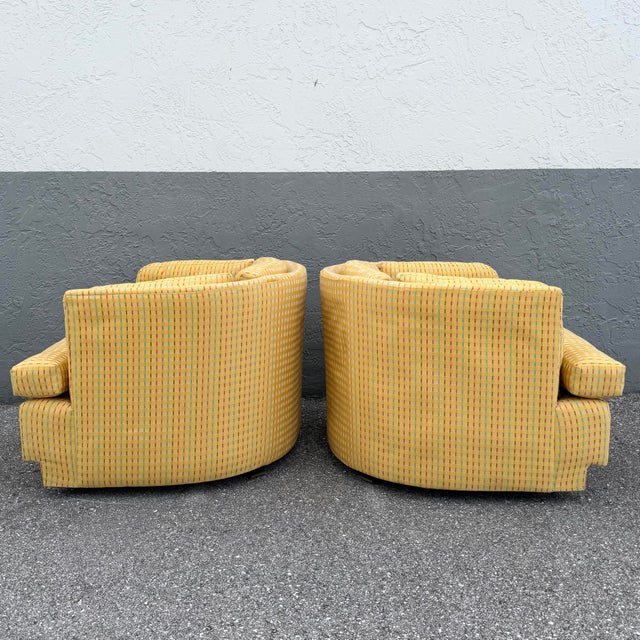Vintage Mid Century Yellow Tufted Swivel Barrell Chairs With Pink Purple and Blue Stripes - A Pair For Sale - Image 11 of 12