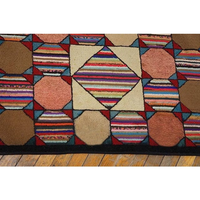 Captivating Geometric Pattern Multicolored Small Scatter Antique American Hooked Rug For Sale - Image 4 of 4