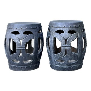 Vintage Linked Rings Matte Glazed Ceramic Garden Stools - A Pair For Sale