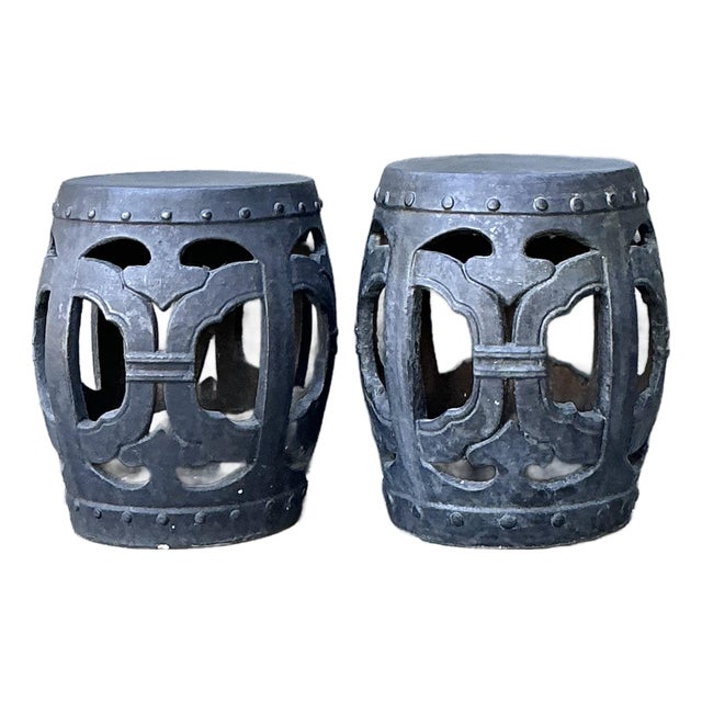 Vintage Linked Rings Matte Glazed Ceramic Garden Stools - A Pair For Sale