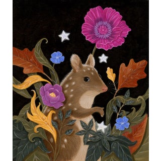 An Enchanted Star for Katie by Gina Matarazzo | Oil on Arches watercolor paper of a small animal among flowers For Sale