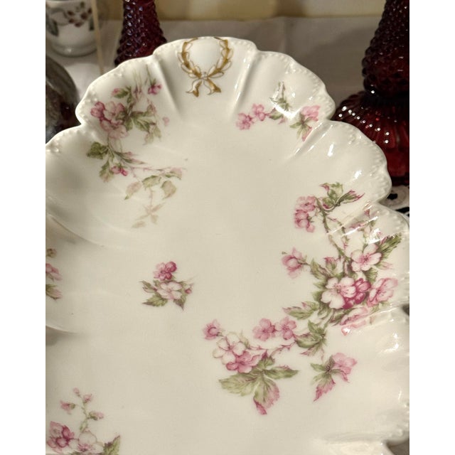 Antique Haviland Limoges Oval Serving Tray – Pink Florals & Scalloped Ruffled Edge For Sale - Image 9 of 9
