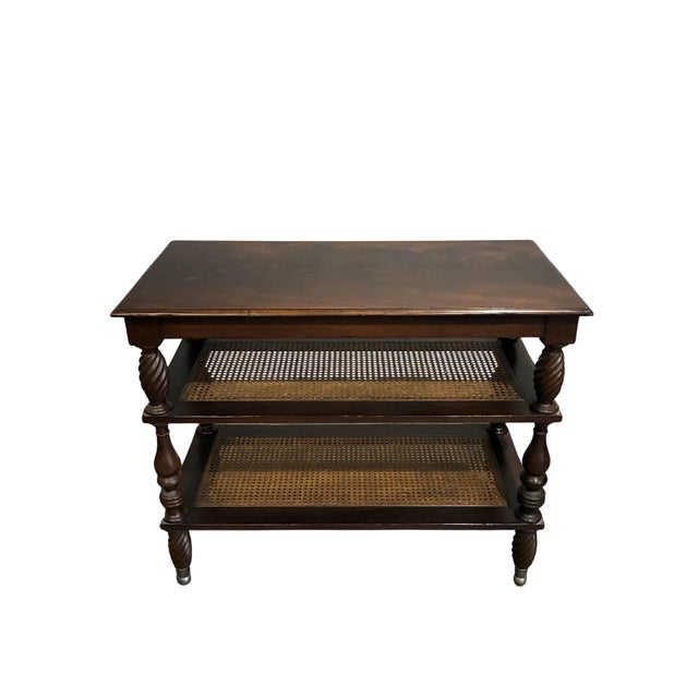Late 20th Century Vintage Baker Milling Road British Colonial Style Three-Tier Stand With Cane Shelves For Sale - Image 5 of 12