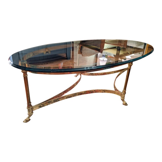 La Barge Oval Hoofed Brass Glass Top Coffee Table For Sale