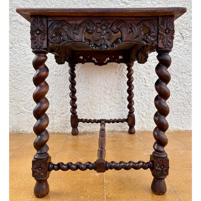 19th Century French Louis XIV Breton Carved Oak Sofa Table Desk, 1890s For Sale - Image 6 of 11