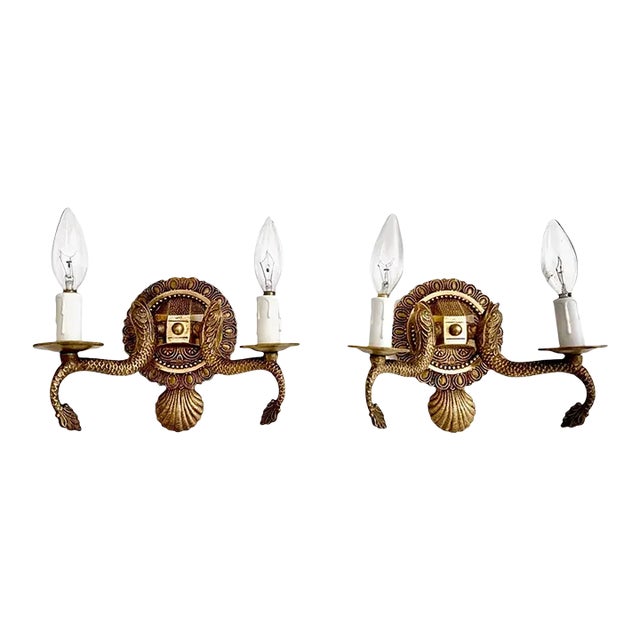 Pair Neoclassic Dolphin Shell Brass Wall Sconces For Sale