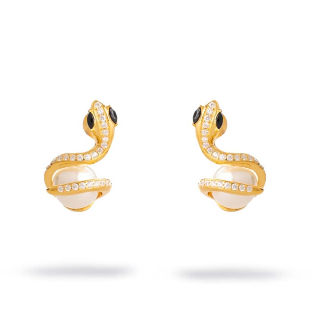 Onyx Eye Serpent Pearl Stud Earrings, A Pair For Sale In Miami - Image 6 of 8