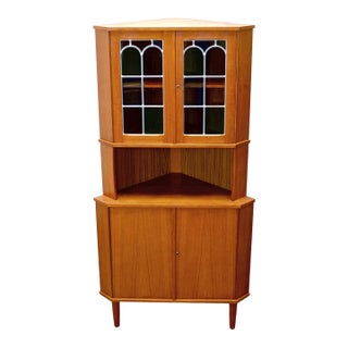 1950s Danish Teak Corner Cabinet W/ Multicolored Stained Glass Doors For Sale