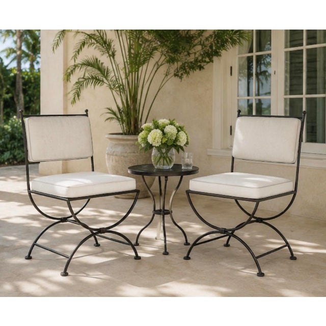 Metal Pair of Vintage Turkish Curule-Leg Powder Coated Cast Iron Patio Chairs For Sale - Image 7 of 12